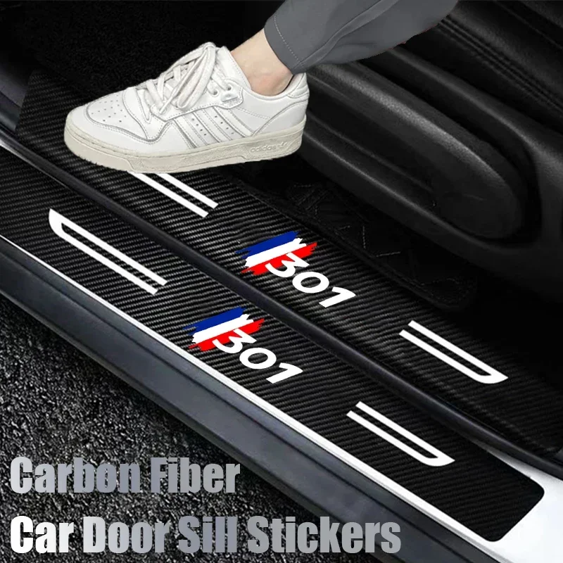 Carbon Fiber Car Sill Kick Plate Protect Film For Peugeot 301 Badge Entry Pedal Door Threshold Anti Scratch Stickers Interior