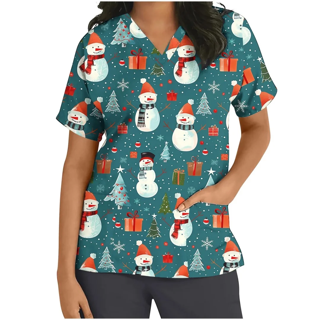 Uniforme sanitário feminino bonito boneco de neve impressão com decote em v manga curta bolsos micro material elástico topos uniformes clínicos feminino topo