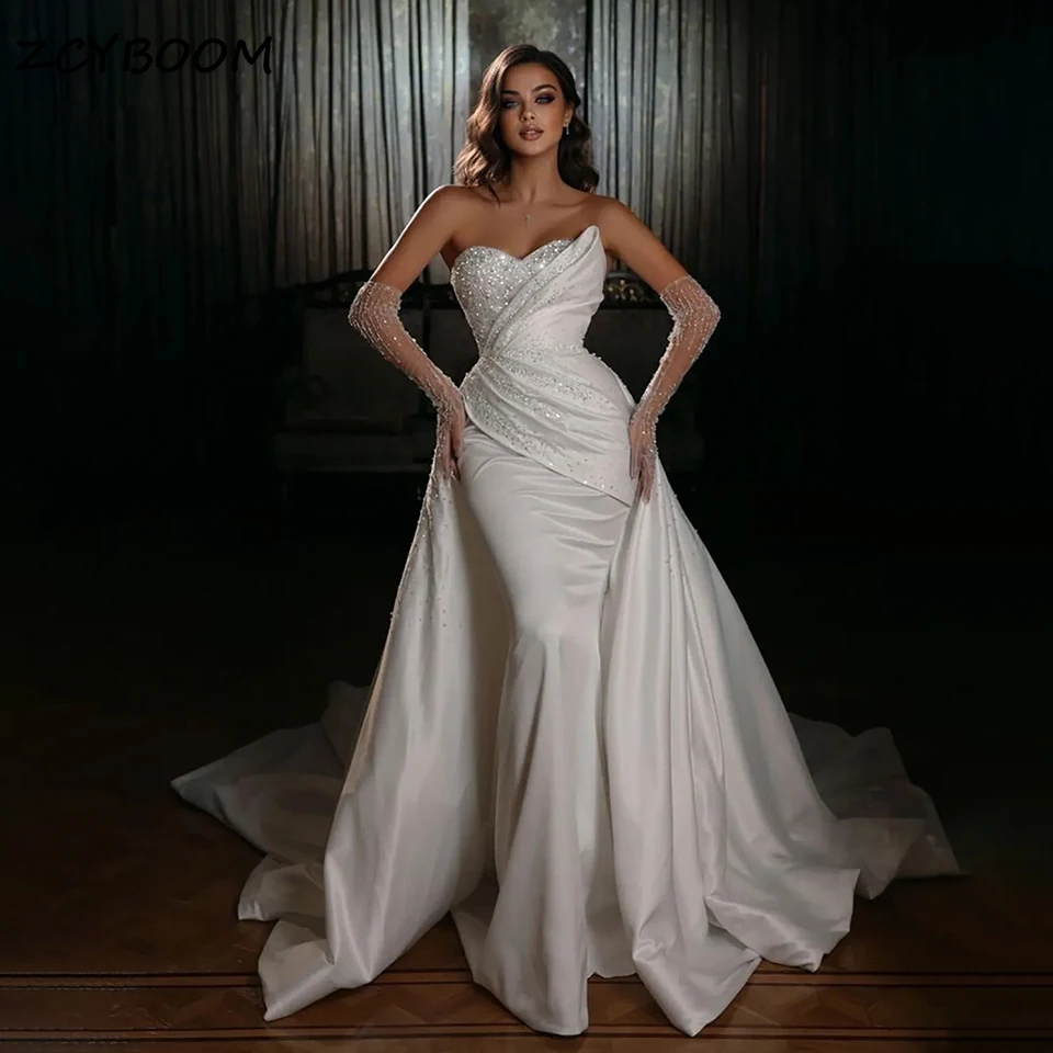 Sexy Glitter Beading 2 In 1 Detachable Train Wedding Dress 2026 Satin Sleeveless Backless Sweetheart Bride Gown Vestido De Novia