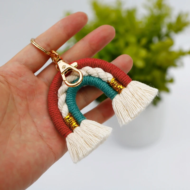 Macrame Rainbow Keychain, colorido Boho Keyring, tecidos à mão, pingente para chave do carro, bolsa, mochilas, bolsa