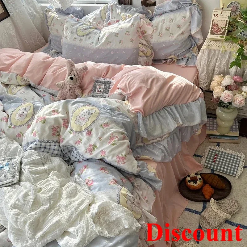 

2025 new Korean Princess Style Floral Ruffles Bedding Set Skin-friendly Soft Duvet Cover Set Bed Sheet Or Bed Skirt Pillowcases