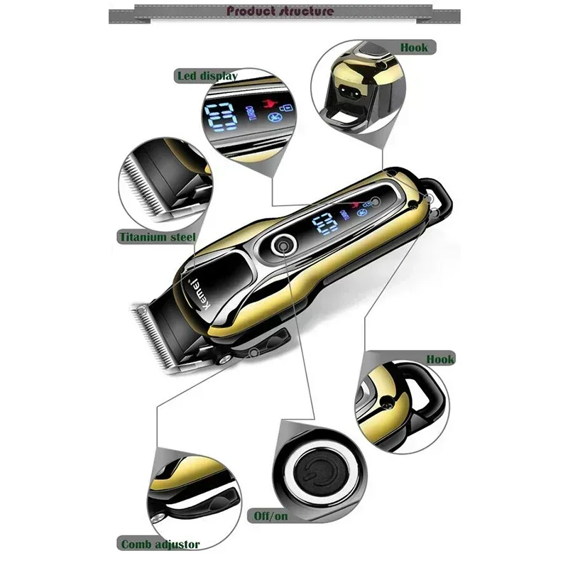 Kemei مشابك شعر الشعر المتقلب للرجال KM-1990 قادين كهربائية شاشة الكريستال السائل آلة الحلاق مقص الشعر المتقلب للرجال