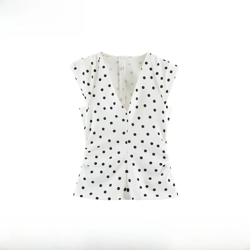 Spring Summer New Women's Fashion Padded Shoulder Polka Dot Top Versatile ZR Style Polyester Sleeveless T-Shirt Ladies' Premium