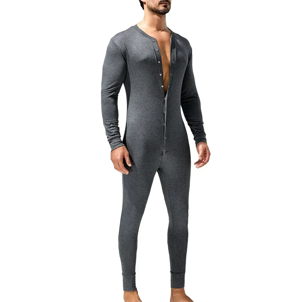 Men's Long Sleeve Sleepwear Undershirts Sexy Button Open Crotch Causal Jumpsuits Wrestle Singlet Bodysuits Leotards Home Pajamas