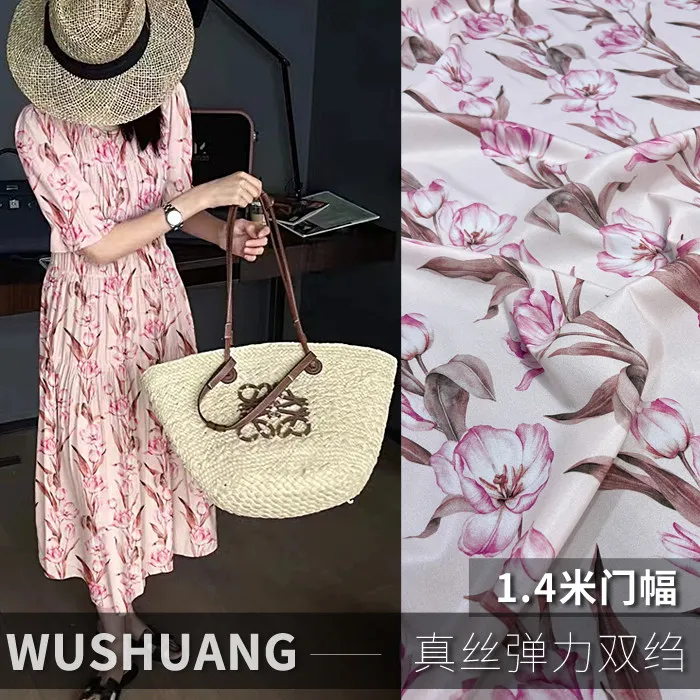 white base Pink Delicate Floral Print Silk Stretch Crepe De Chine Fabric Mulberry Silk Material for Dresses 140cm wide blouse