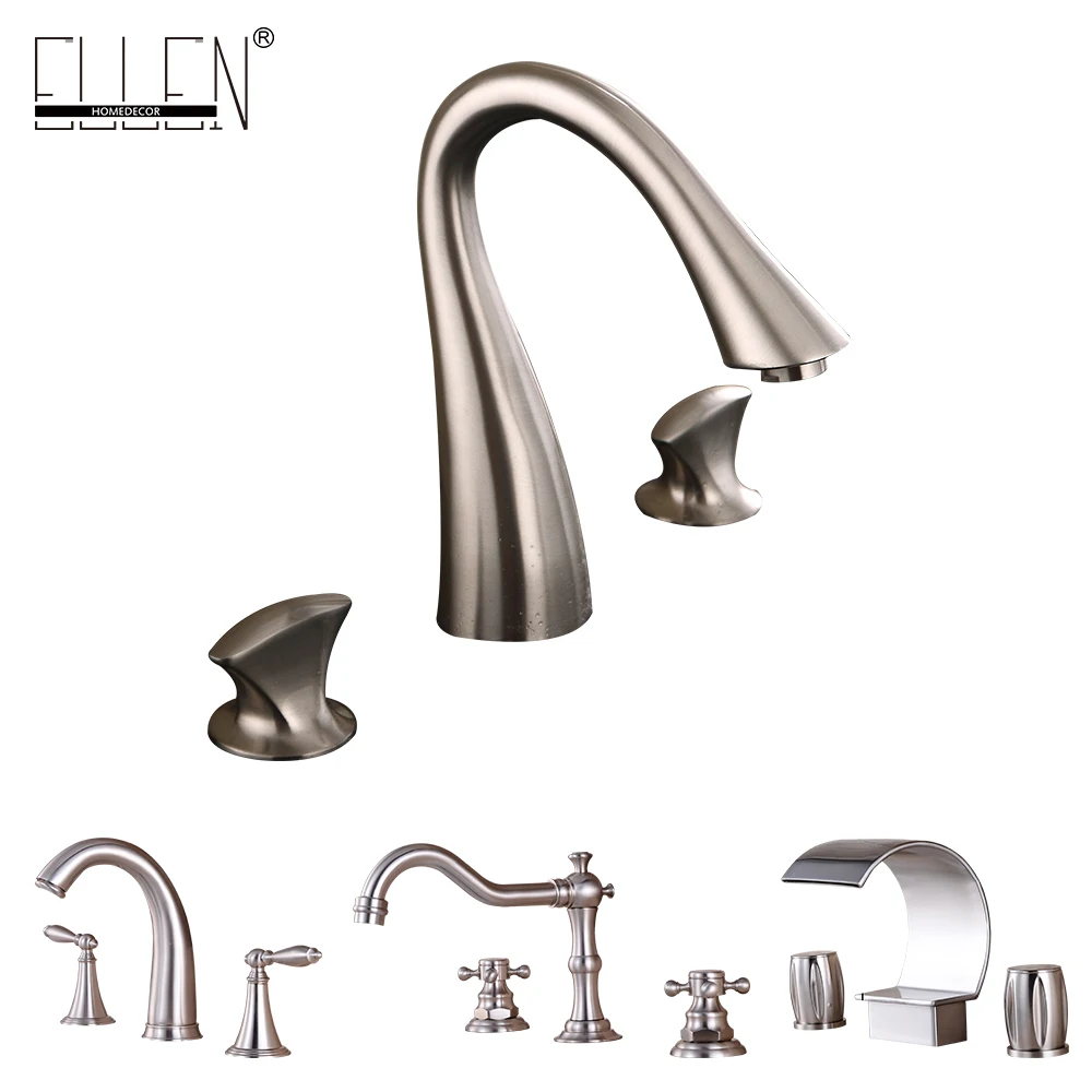 Vidric Bathroom Faucet 3 Hole Double Handle Brush Nickel Solid Brass Waterfall Basin Sink Mixer Tap Widespread EL8001N