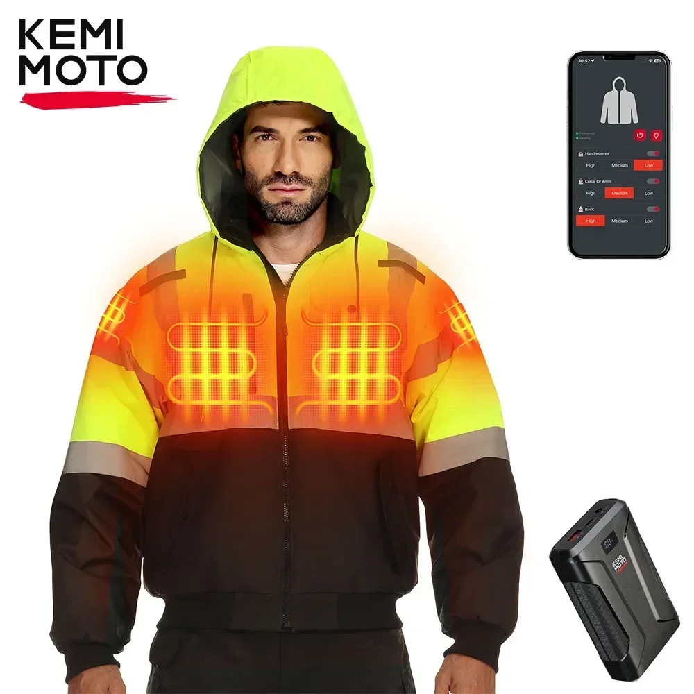 KEMIMOTO Heated Jacket Men Winter Thermal Heating 3-in-1 High Visibility Waterproof Safety 20000mAh Battery for Outdoor Gear