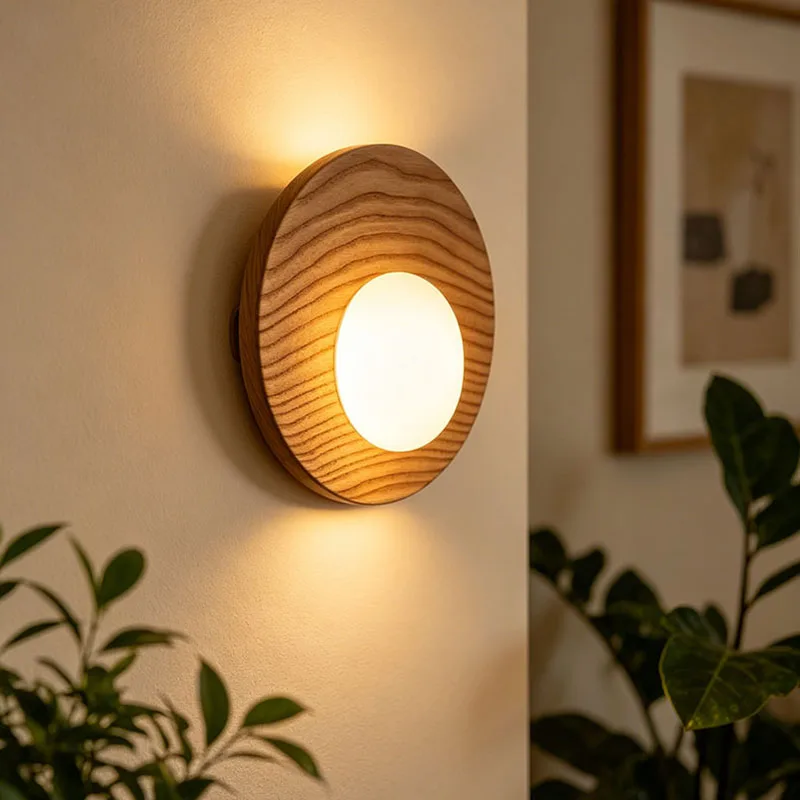

Art Decor LED Wall Light White Glass G4 Bulb Round Dark Natural Wood For Indoor Bedroom Living Room Stairs Aisle