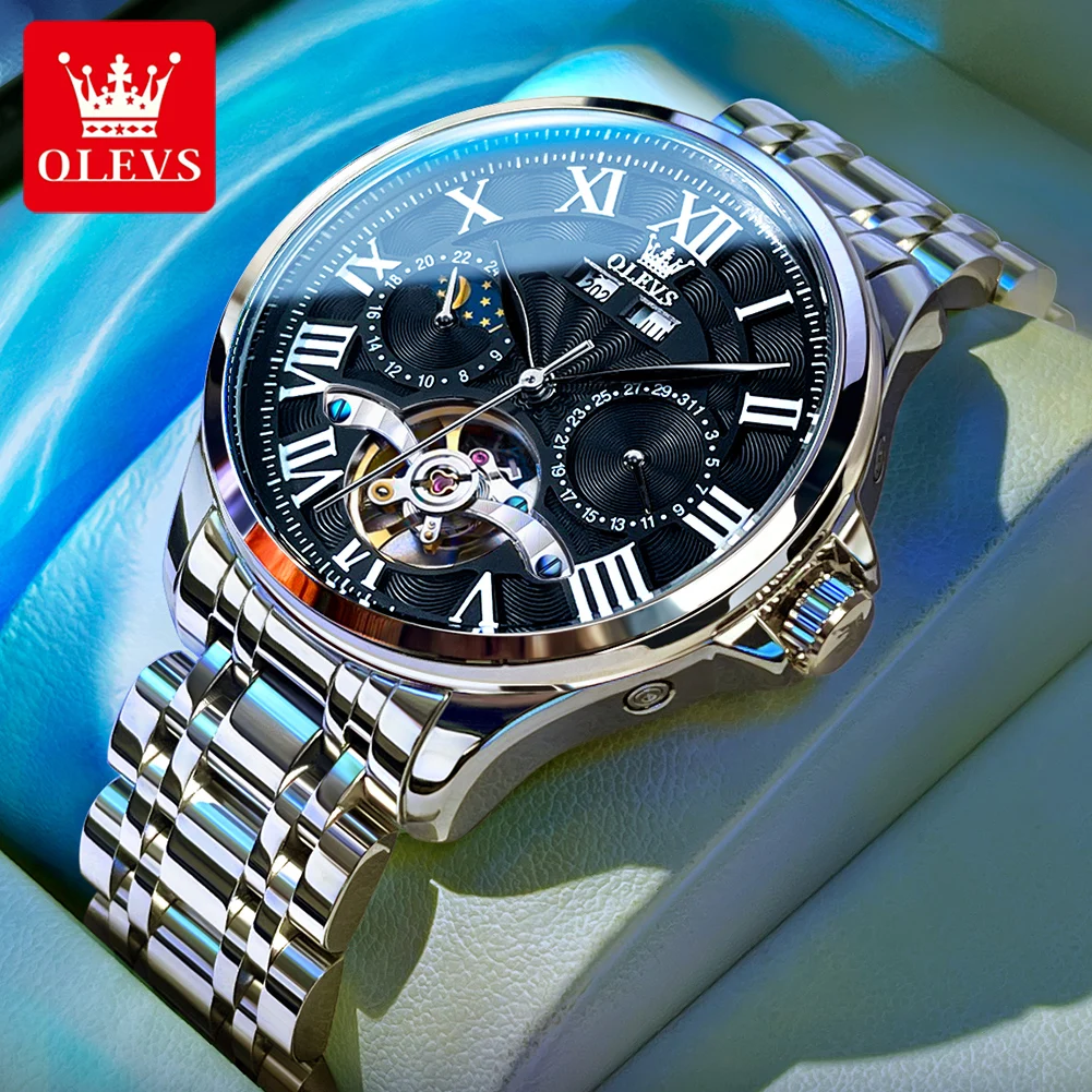 

OLEVS Original Men's Watches Hollow Out Roman ScaleStainless Steel Strap Automatic Mechanical Watch Waterproof Male Wristwatch