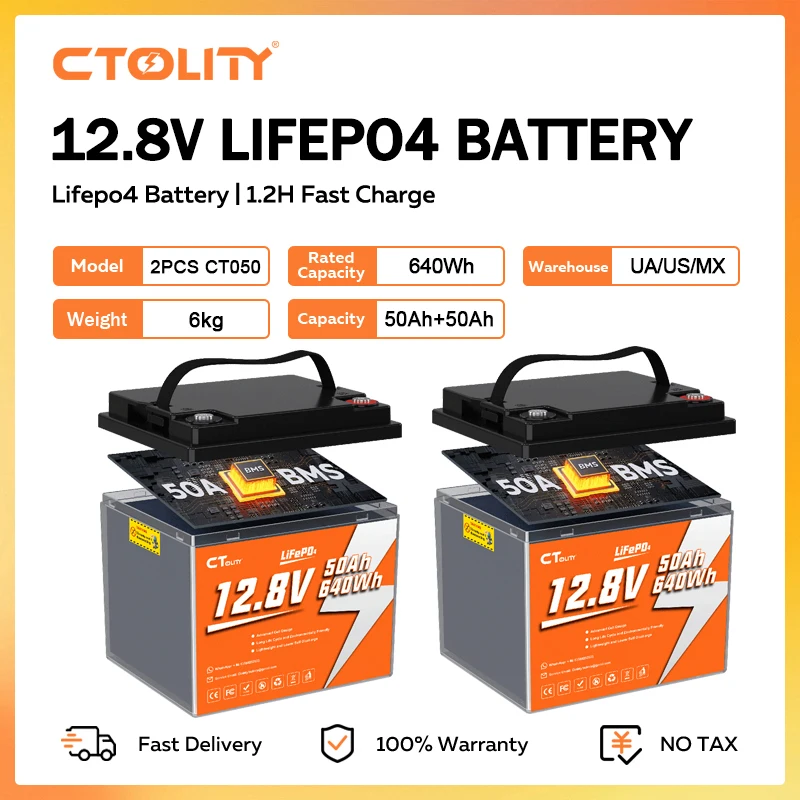 CTOLITY 12V 50AH LiFePO4 Battery 640Wh Supports 12.8V BMS For Solar Energy Storage System Solar Generator 4000+ Cycle A Grade