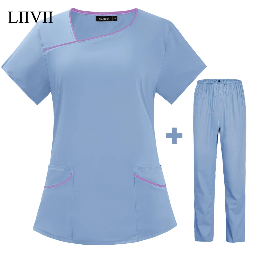 Soft Thin Fashion Scrub Suits Dental Hospital Uniform Solid Color Medical Workwear Unisex Surgical Gown Pocket Scrubs Top Pants