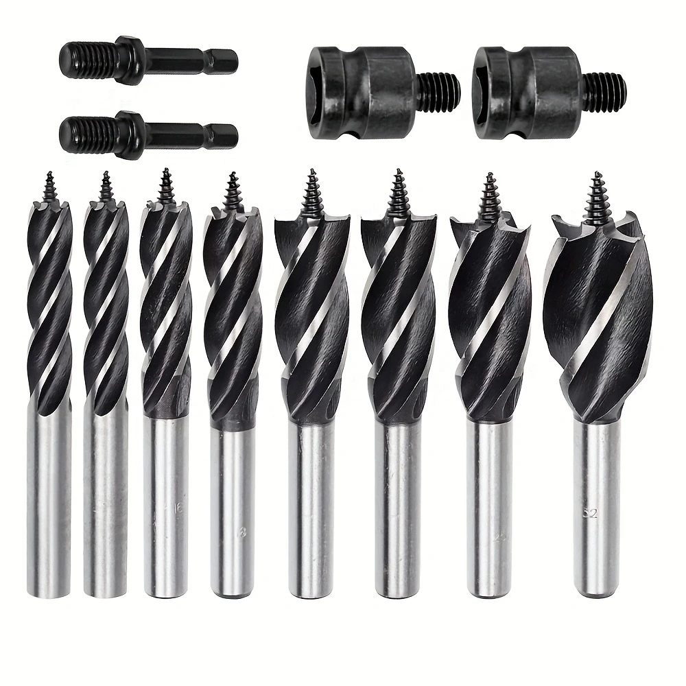 8-Piece Wood Drill Bit Set, Carbon Steel, 12 mm, 14 mm, 16 mm, 18 mm, 20 mm, 22 mm, 25 mm With two adapters 1to29/64, 1to13/16,