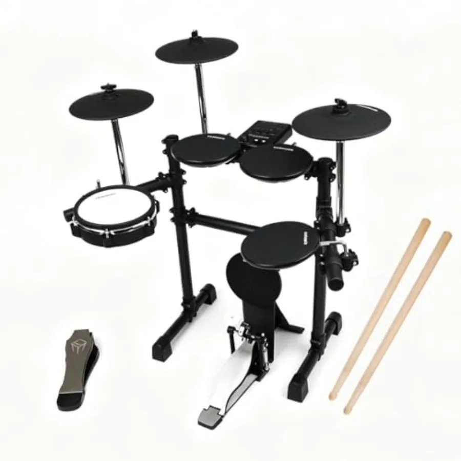 Electronic drum kit for home practice, ABS plastic, black, realistic kick pedal and easy-assembly rack with 50 built-in kits, U