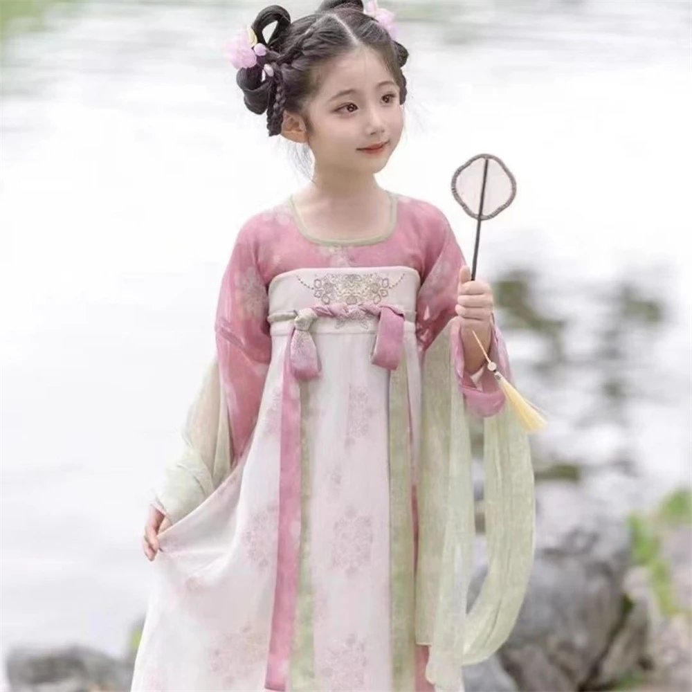 Hanfu Girls Spring Summer Thin Chic Chinese Traditional Printed Dress Children\'s Vintage Tang Suit Super Fairy Dance Dresses New