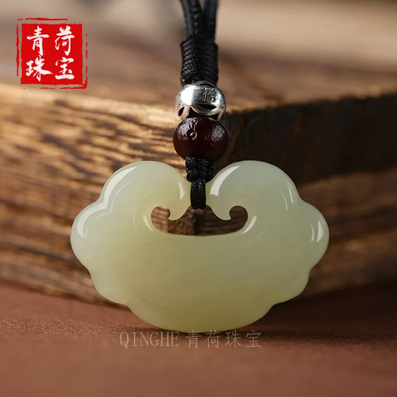 Natural Hetian Longevity Pendant Women, Peace And Fortune Lock Jade Sweater Chain Necklace