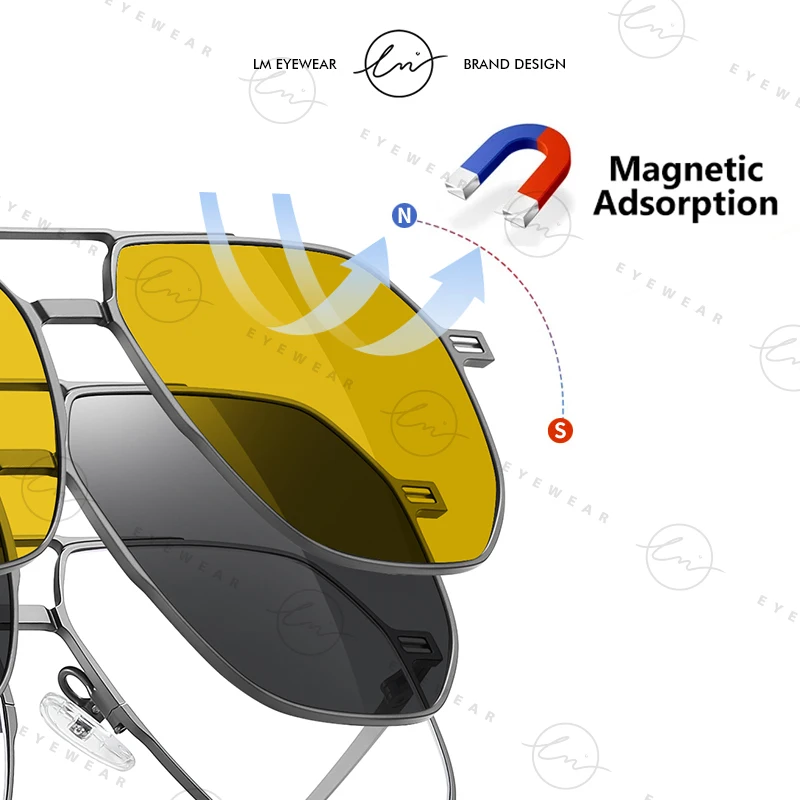 نظارات بمشبك مغناطيسي مستقطبة LM للرجال والنساء ، نظارات مضادة للضوء الأزرق ، نظارات رؤية ليلية ، تصميم علامة تجارية عالية ، 3 في 1 ، مسدس