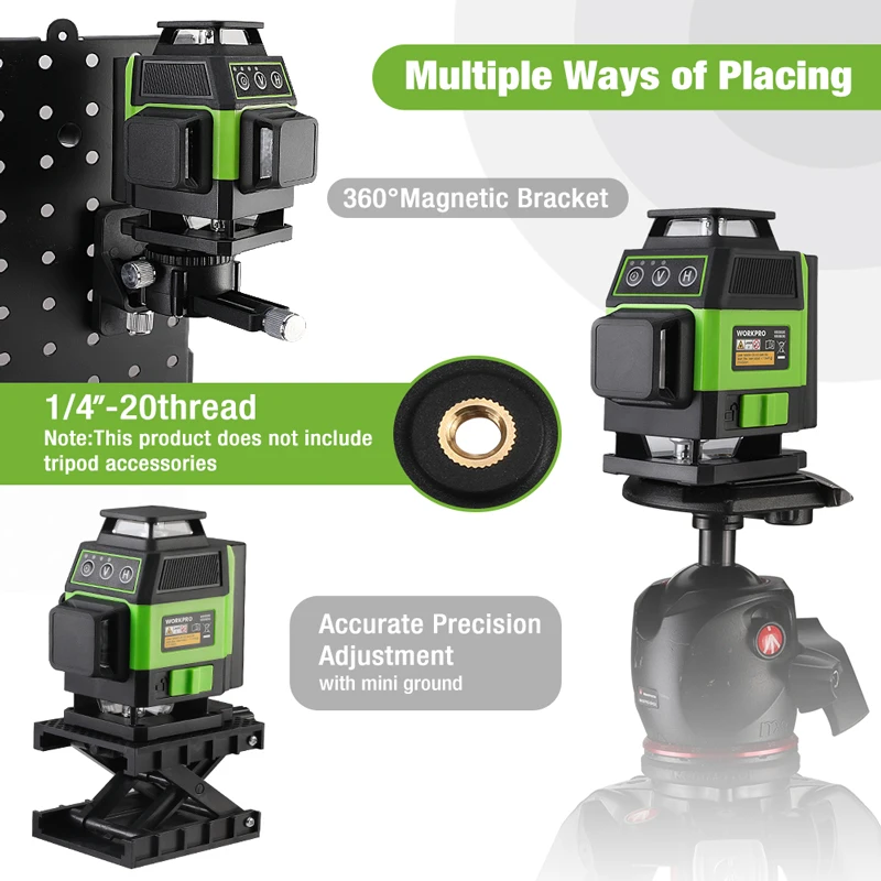 WORKPRO-Professional Green Laser Level Kit, Ferramentas de Medição de Precisão, Auto Nivelamento, 2 Modos, 3x360 °, 12 Linhas