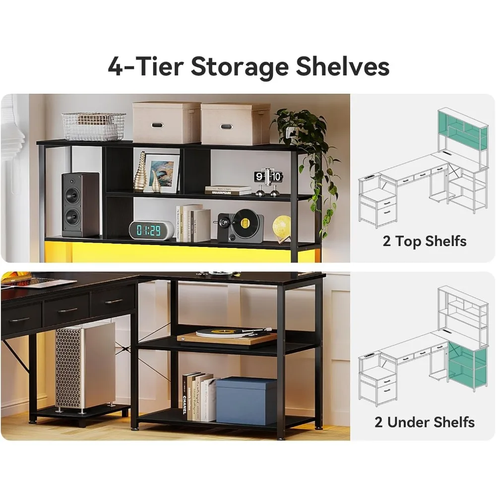 79 inch L Shaped Desk with File Drawers,Reversible Gaming Desk with Power Outlets&LED Lights,Computer Desks with Storage Shelves