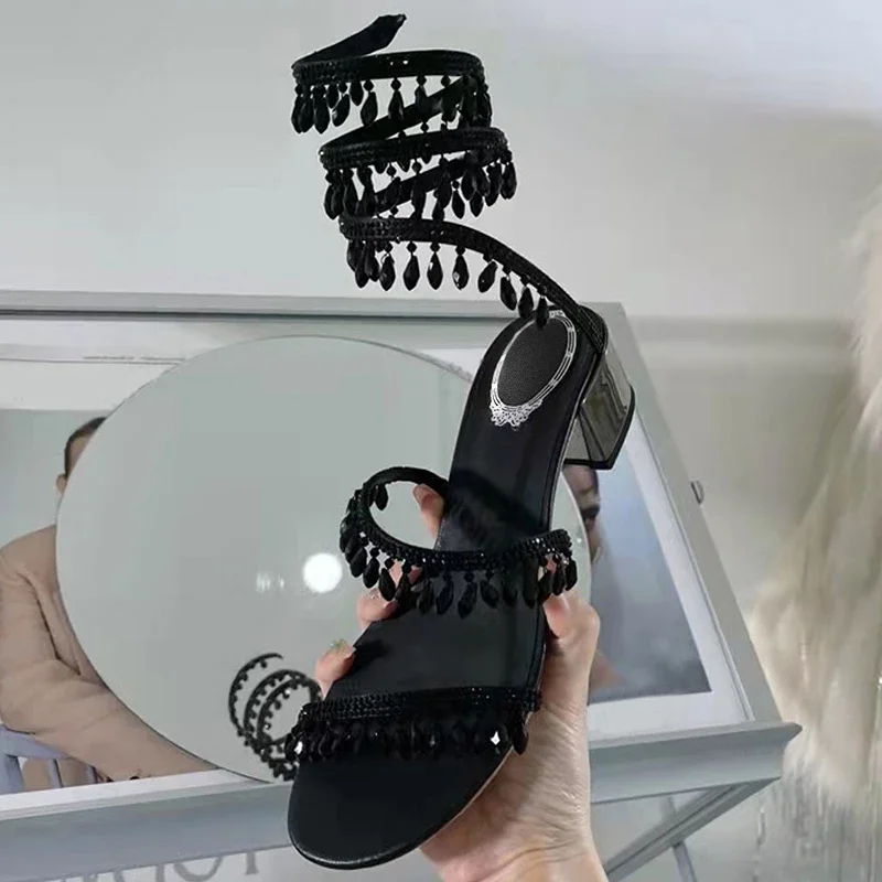 Crystal Tassel High Heels Women Snake Winding Gladiator Sandals Open Toe Chunky Heels Sandalias Summer Fashion Party Dress Shoes