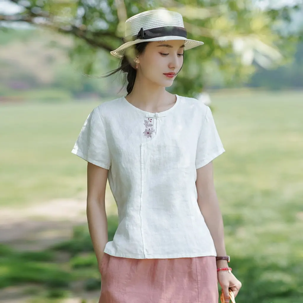 

Women's Retro Cotton Linen Short Sleeve Jacket Summer Sand Wash Embroidery round Neck T-Shirt for Fashionable Generations