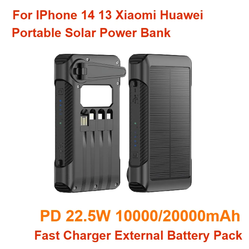 For IPhone 14 13 Xiaomi Huawei Portable Solar Power Bank 10000MAh PD 22.5W Fast Charger External Battery Pack 20000mAh