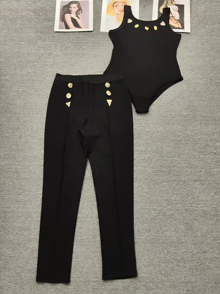 2026 Summer Women's Clothing Beading Design Knitted Vest Jumpsuit Two-piece Set + Metal Buckle Straight Pants Fashion Suit