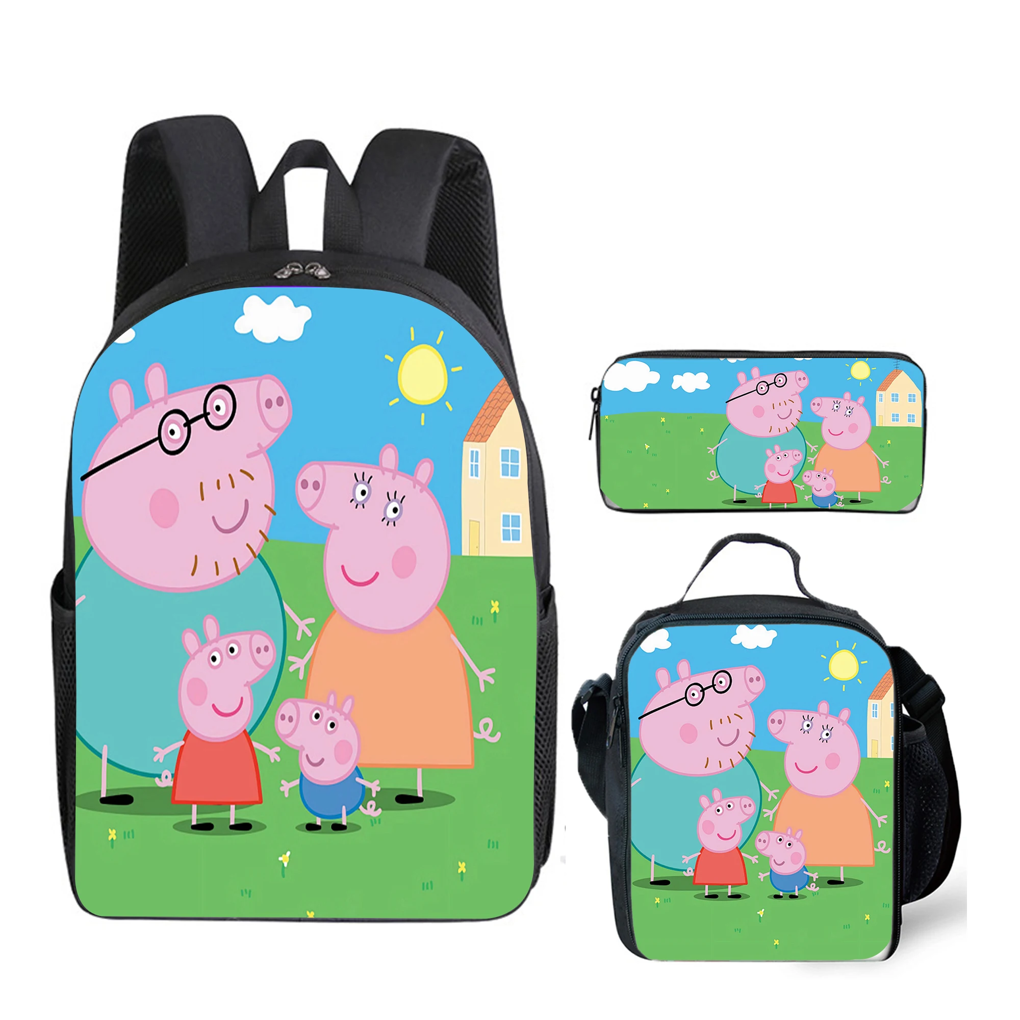 Mochila Peppa Pig com Lancheira e Estojo de Canetas - Conjunto de 3 Peças - Mochila Escolar de Desenho Animado - Bolsas de Lápis da Moda - Material Escolar - Presente de Aniversário