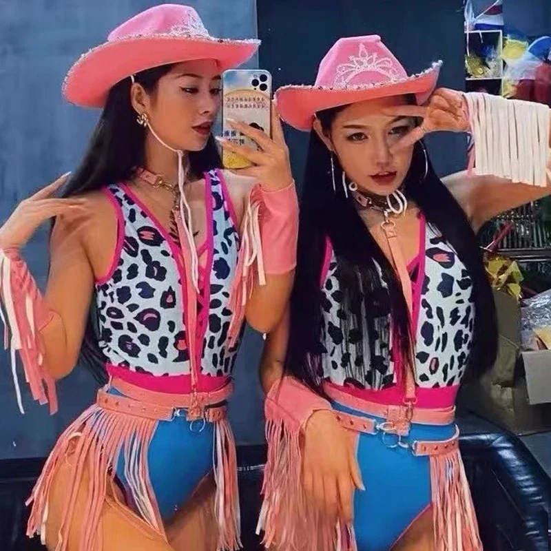 

Одежда для танцев на пилоне в стиле панк, боди на шнуровке с бахромой и вырезом, джазовая шляпа, ночной клуб, бар, Ds, сценический костюм для рейва, клубная одежда XS4764