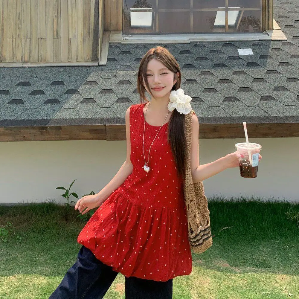 

plus Size Red Polka Dot Vest Dress Women Summer Korean Sweet Layered Wear Waist Cinch Flower Bud Puffy Short Skirt Set