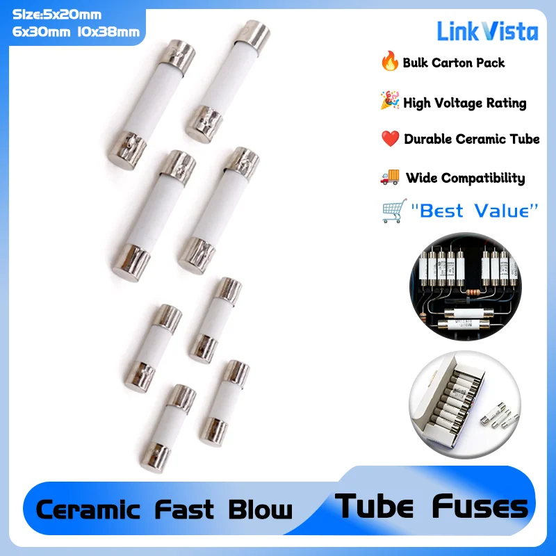 

10-100pcs Carton Ceramic Tube Fuses 0.5-32A Fast Blow 5x20mm 6x30mm 10x38mm Sizes 250V/500V Rating for Electrical Safety Fuses