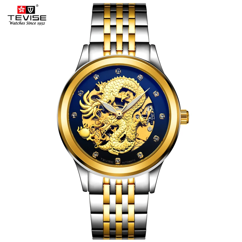 T9006 Dragon TEVISE reloj totalmente automático para hombre, pulsera de acero de negocios, reloj mecánico luminoso
