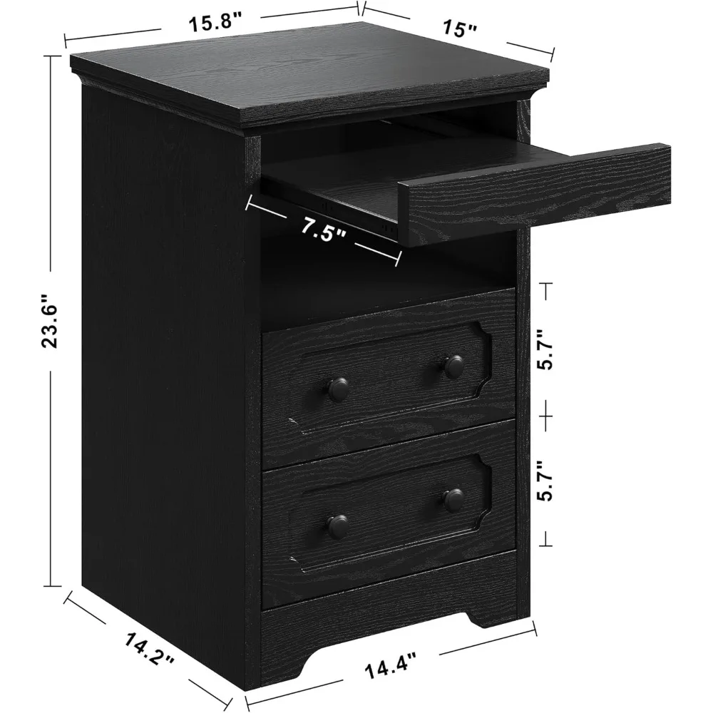 منضدة معاصرة ذات درجين مع رف مفتوح وصينية قابلة للسحب، وطاولة بجانب السرير خشبية سوداء