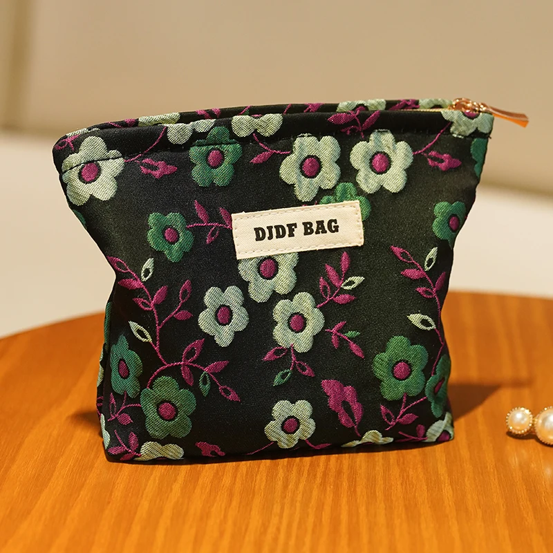 Women\'s Makeup Bag Small Black Flowers Large Capacity Cosmetic Canvas Storage Bag Portable Coin Purse Commuter Card Holder Ins