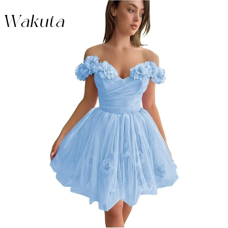 Wakuta Fiori 3D Tulle Abito da ritorno a casa Corto con spalle scoperte Abito da fata Cocktail Party Vestido Elegante Mujer فستان ungkinski