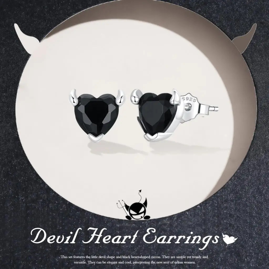 WOSTU 925 Sterling Silver Black Devil Heart Stud Earrings For Women Cool  Zircon Love Ear Buckles Special Party Jewelry For Her