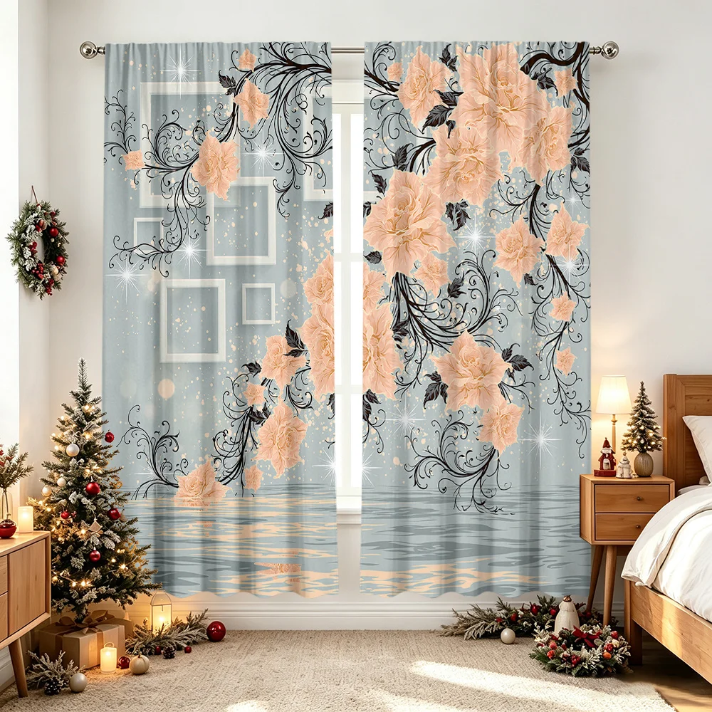 2PCS Digital Print Curtains, Pink Gray Floral Flower Pattern, Elegant Romantic Style for Living Room Bedroom Home Decor