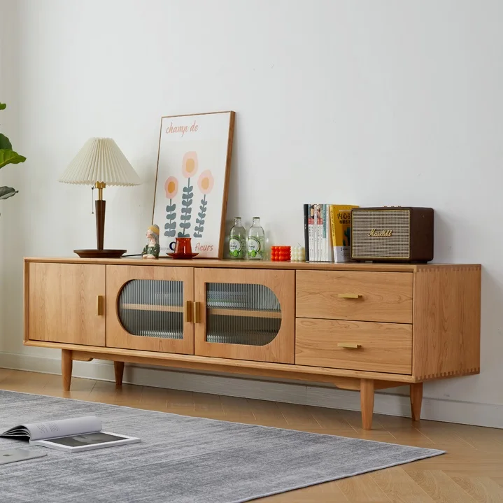wsolid wood TV cabinet, cherry wood furniture, living room glass door, storage cabinet