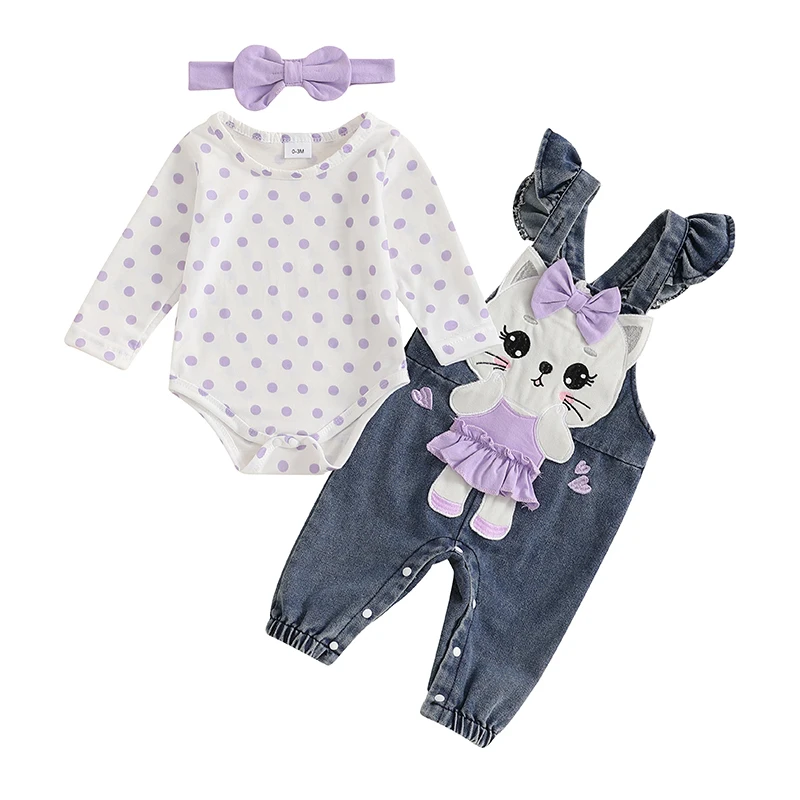 

Baby Girl Outfit Long Sleeve Dots Romper with Cat Overall Pants Headband Fall Outfit Clothing Set