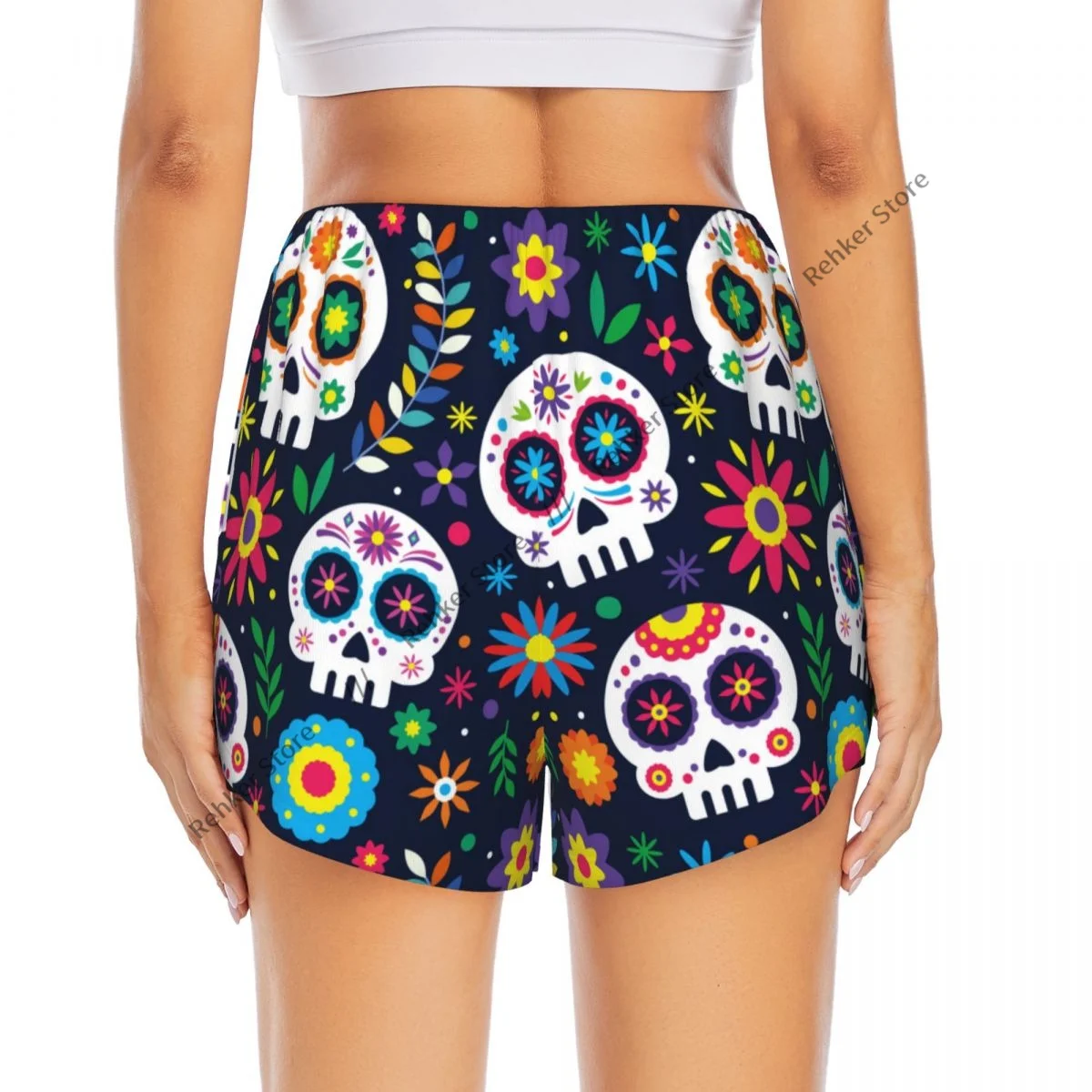 Calções esportivos femininos dia de muertos dia dos mortos correndo yoga fitness treinamento de badminton de secagem rápida com bolso