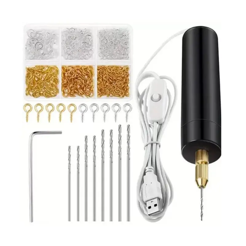 LICE-Electric Resin Drill Set 312 Pcs Mini Drill With 10 Bits, 300 Gold Silver Eye Screws For DIY Keychain Craft Art Making