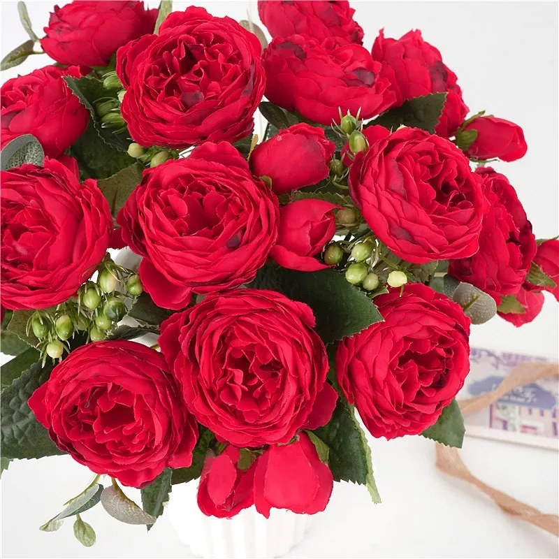 30 cm gefälschte Rosen, Seidenpfingstrosen, künstliche Blumen, günstige Neujahrsfest-Dekorationen, Vase für Zuhause, Hochzeit, Brautstrauß im Innenbereich – Detail 6