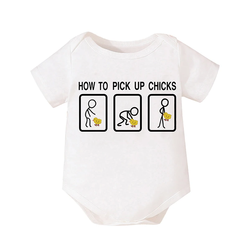 Newborn Baby Boy Girl Romper Summer Clothes Short Sleeve Round Neck Letter Chick Stickman Print Jumpsuit Bodysuit