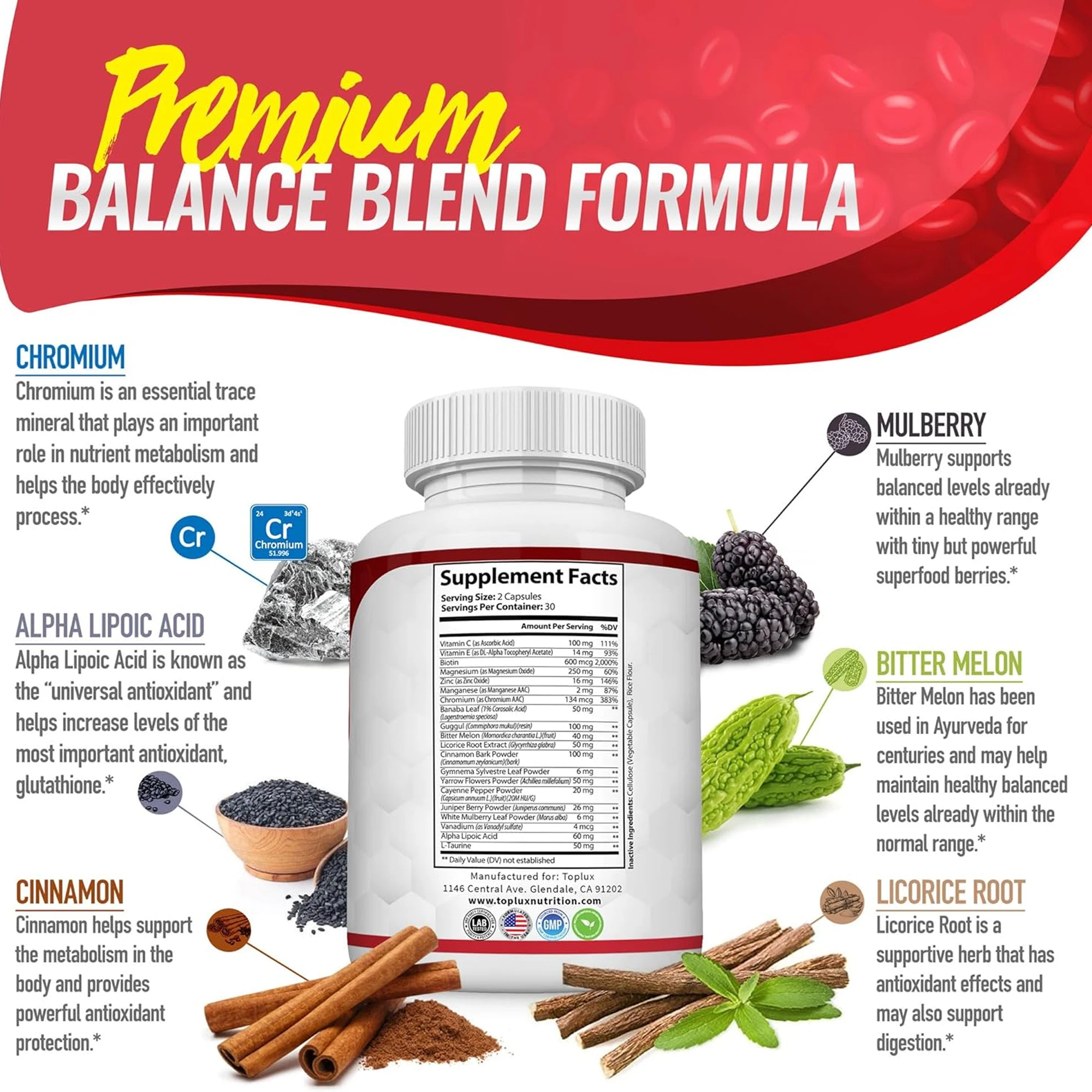 Blood Sugar Complex - Natural Supplement for Blood Sugar Balance, Immune, Digestive, Cholesterol & Heart Health