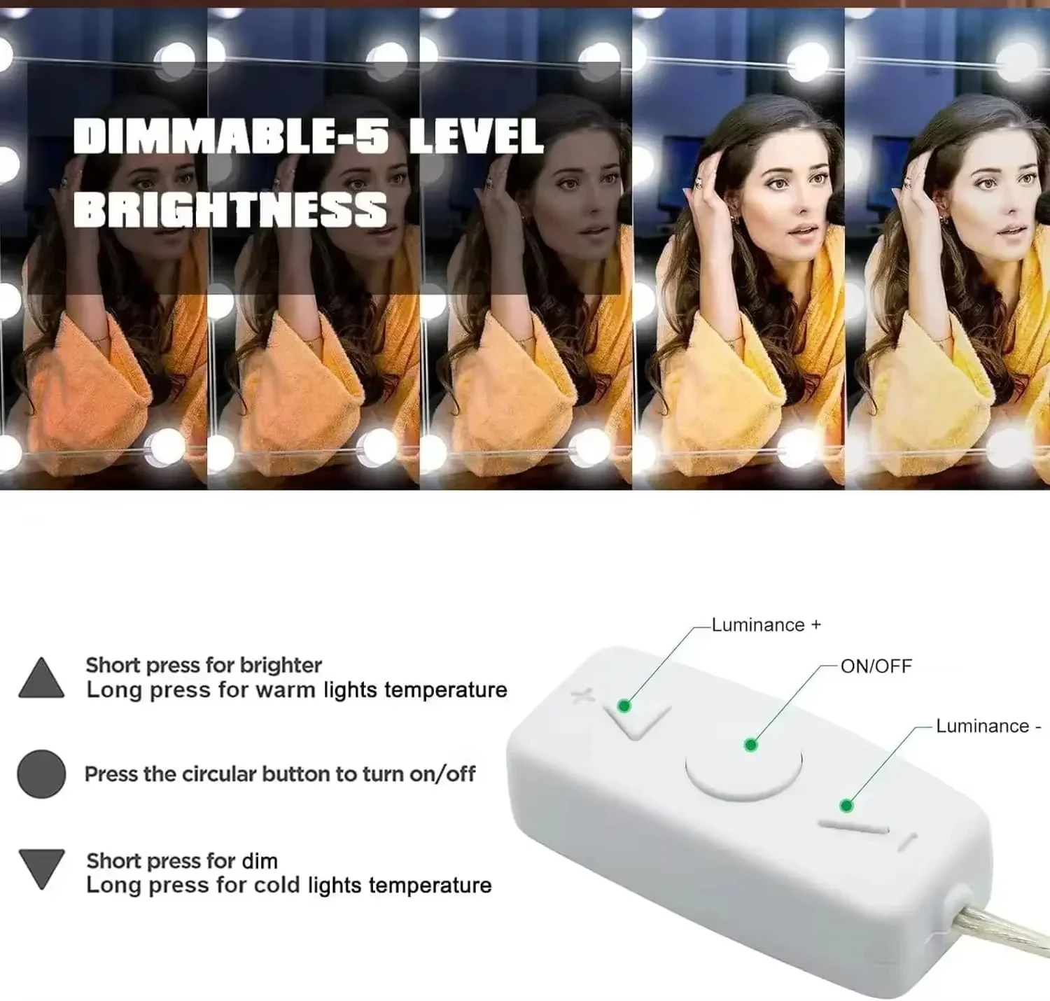 10/12LED أضواء مرآة الغرور هوليوود ، طقم مصابيح ماكياج عكس الضوء USB مع كوب شفط ، إضاءة محايدة بيضاء دافئة لغرفة النوم