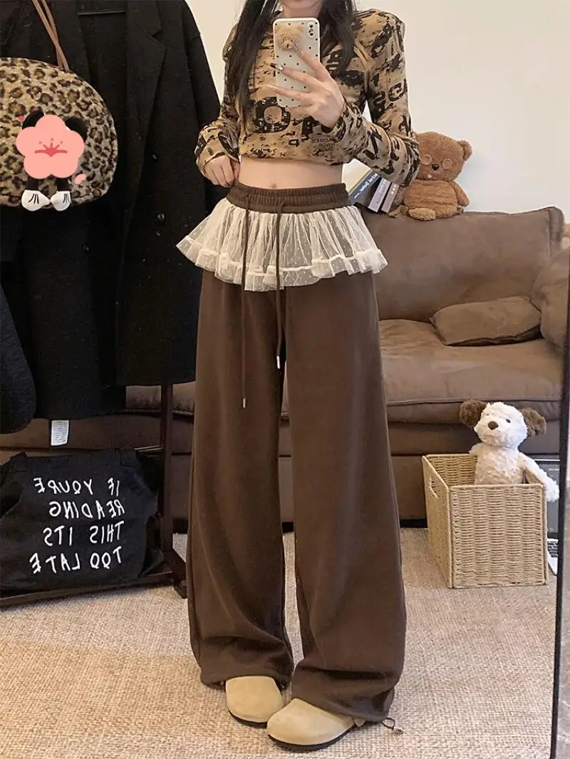 كسول الرياح السراويل النسائية نموذج جديد الدانتيل لينة الدنيم عارضة لصق الترفيه الشتاء عالية الخصر الرباط مزاجه السراويل فضفاضة