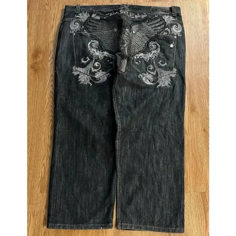 Jeans ricamati con ali heavy wash Y2K old American loose 2024 new fashion high street sports pantaloni casual in denim retrò