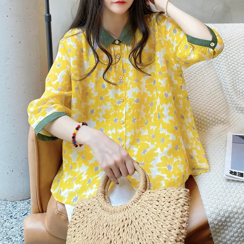 Women Clothes Trendy Print Patchwork Chic Sweet Cotton Linen Shirt Casual Kawaii Half Sleeve Loose Blouse Streetwear Tops Blusas