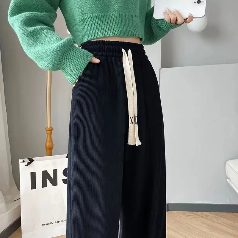 Calças femininas de cintura alta perna larga primavera outono inverno velo forrado grosso em linha reta drapey solto ajuste calças esportivas