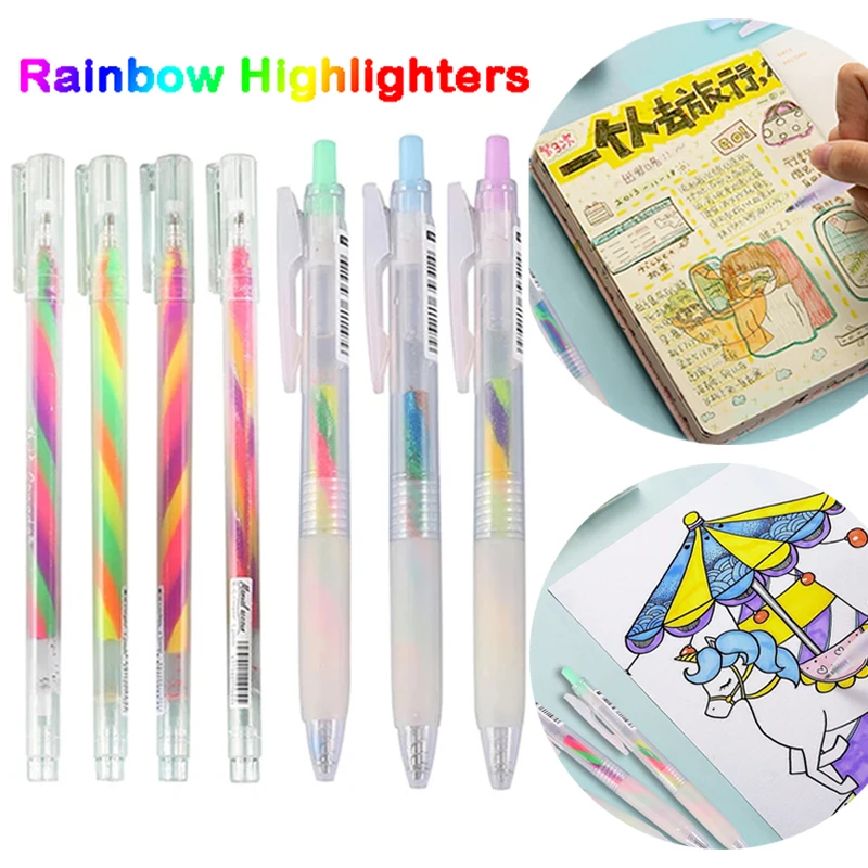 4/10pcs Straight Liquid Type Gradient Rainbow Highlighter 1.0mm Press Type Sparkly Gel Pen Multicolor Graffiti Painting Supplies