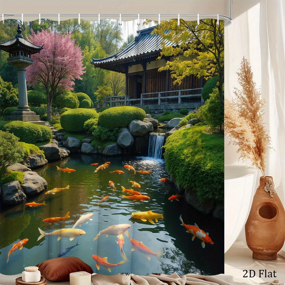 1pc Koi Fish Pond Shower Curtain Traditional Japanese Garden Cherry Blossom Waterfall Pavilion Oriental Landscape Theme Bathroom